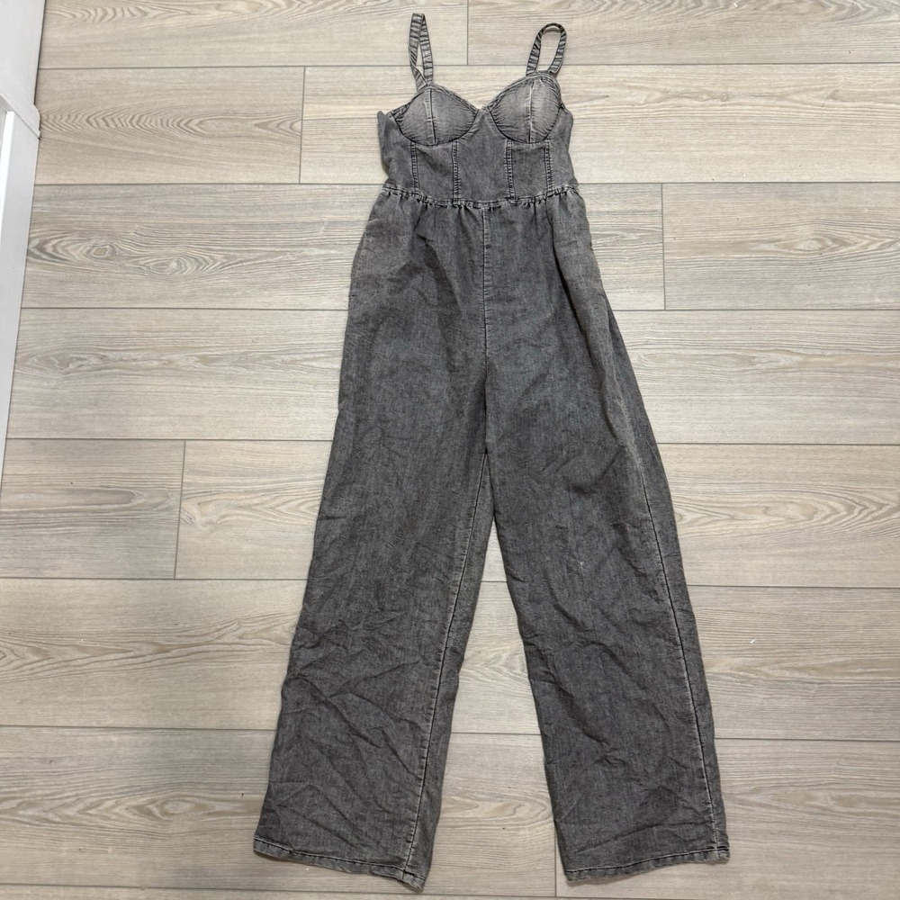BOG Collective Womens M Black Acid Wash Jumpsuit Corset Wide Leg
